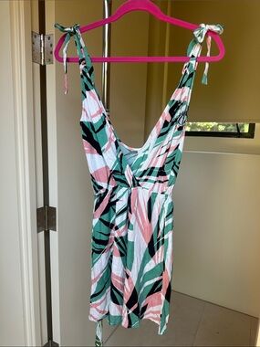Bikini Lab Tropical Print Tie-Shoulder Mini Dress in Pink & Green Size Small
